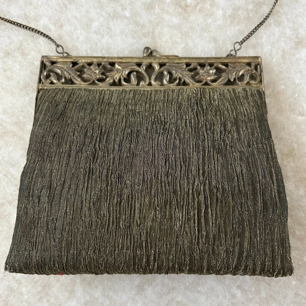 Pleated Silk Vintage Metallic Bronze Frame Bag 6 1/2" H x 7 1/2" W w/ strap